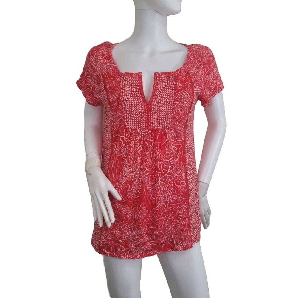 Lucky Brand Womens Top Blouse Size S Hot coral   short sleeve v neck 35